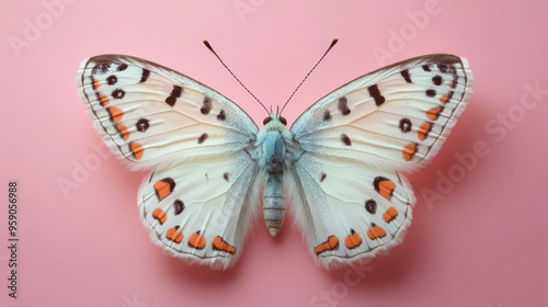 Delicate butterfly resting on a soft pink surface in gentle sunlight