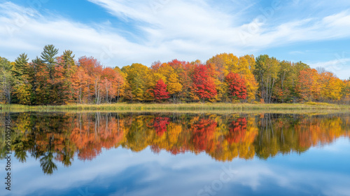 A beautiful autumn day with a calm lake reflecting colorful fall foliage, surrounded by trees in their peak autumn colors.