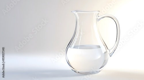 Minimalist Water Jug: A transparent, glass water jug with a clean, simple design, placed on a white background with subtle light reflections. 