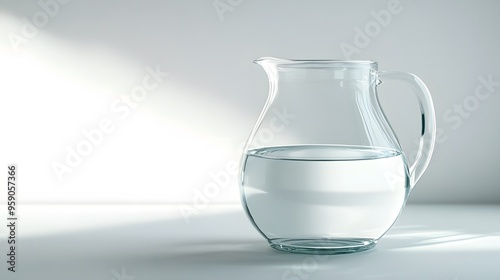 Minimalist Water Jug: A transparent, glass water jug with a clean, simple design, placed on a white background with subtle light reflections. 