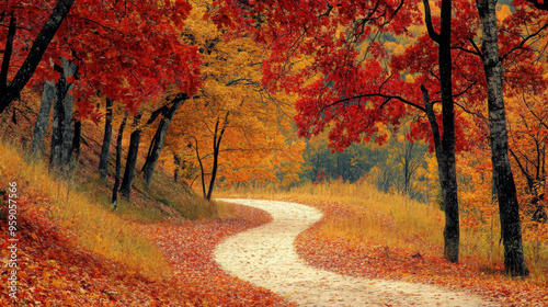 A vibrant fall landscape with trees in shades of red, orange, and yellow, and a winding path covered in fallen leaves.