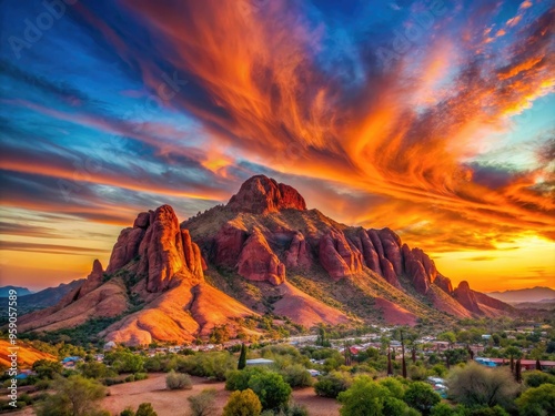 Vibrant sunset casts a warm glow on Camelback Mountain's distinctive red rock formation, set against a clear blue sky with wispy clouds in Phoenix, Arizona.