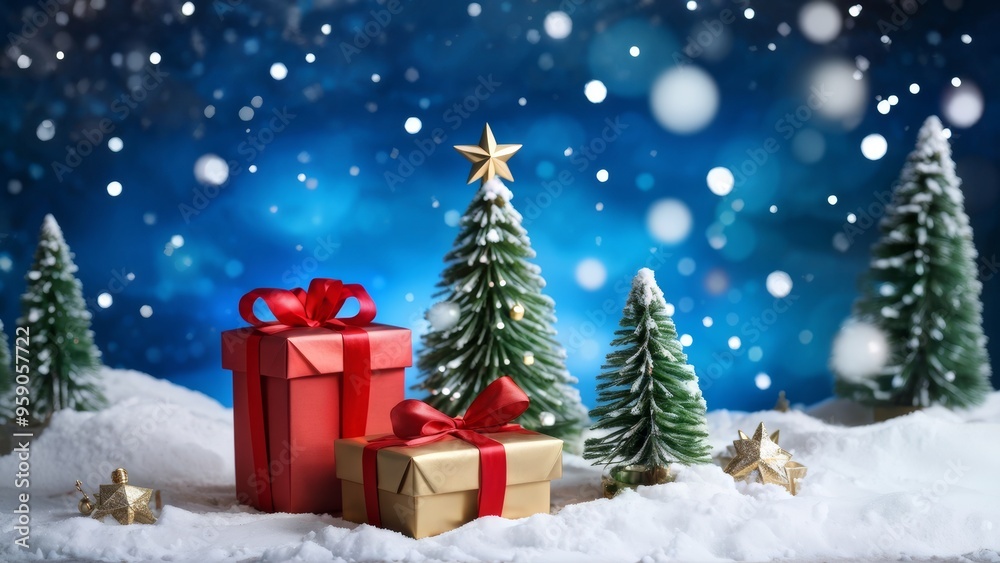 Fototapeta premium Christmas tree and gift boxes in the snow at night with shining Stars and a forest landscape.