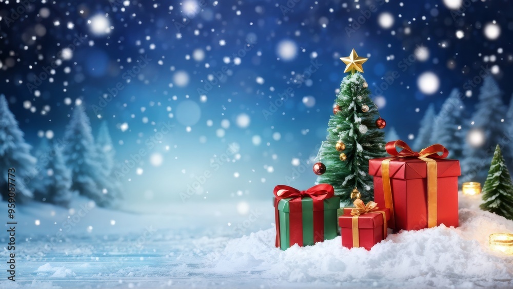 Christmas tree and gift boxes in the snow at night with shining Stars and a forest landscape. Christmas tree and gift boxes in the snow at night with shining Stars and a forest landscape.
