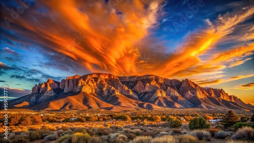 Vibrant sunset casts a warm orange glow on the rugged Sandia Mountains, set against a clear blue sky with wispy clouds in Albuquerque, New Mexico.