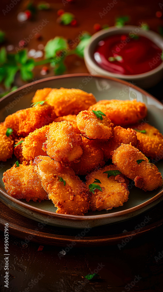 Delicious Golden Brown Crispy Chicken Nuggets on Plate with Fresh Herbs and Red Dipping Sauce Product Photography Delicious Golden Brown Crispy Chicken Nuggets on Plate with Fresh Herbs and Red Dipping Sauce Product Photography
