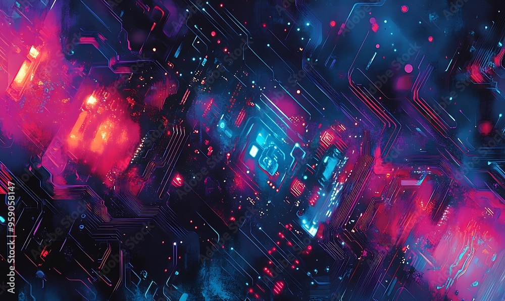 Abstract digital artwork of a futuristic circuit board with glowing neon lights Abstract digital artwork of a futuristic circuit board with glowing neon lights