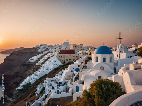 Sunset over Santorini’s White-Washed Buildings, Greece