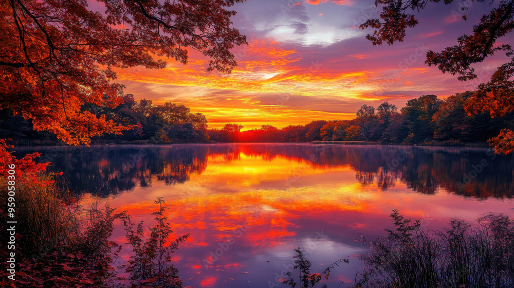 A beautiful autumn sunset over a tranquil lake, with the sky reflecting shades of orange, red, and purple. A beautiful autumn sunset over a tranquil lake, with the sky reflecting shades of orange, red, and purple.