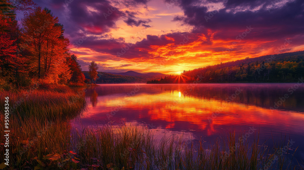 A beautiful autumn sunset over a tranquil lake, with the sky reflecting shades of orange, red, and purple. A beautiful autumn sunset over a tranquil lake, with the sky reflecting shades of orange, red, and purple.