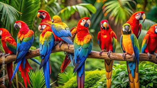 Vibrant tropical birds, including macaws, parrots, and tanagers, perch among lush greenery, showcasing brilliant plumage in shades of blue, yellow, orange, and red. photo