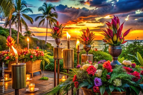 Vibrant tropical flowers and lush greenery adorn a festive outdoor setting with colorful tiki torches, lanterns, and a sunset-inspired backdrop.