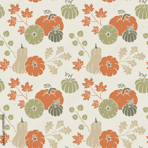 Fall seamless pattern with pumpkins and leaves. Graphic background with autumn elements. Hand drawn repetitive illustration. Lino stamp style wallpaper art.