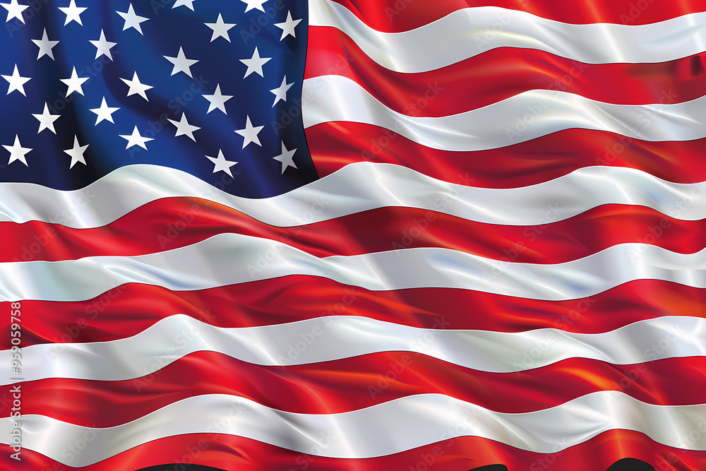 Fototapeta premium Waving American flag displaying stars and stripes in vibrant red, white, and blue colors, symbolizing patriotism and national pride.