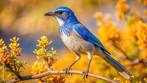 Vibrant western scrub jay perches on a sun-kissed branch amidst dry chaparral foliage, showcasing its bright blue and white plumage in the arid landscape.