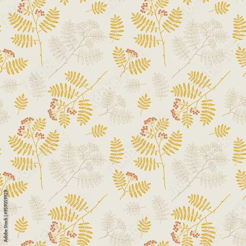 Fall seamless pattern with rowan and leaves. Graphic background with autumn branch. Hand drawn repetitive illustration and wallpaper art.