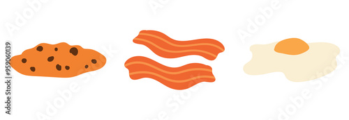 breakfast set food egg cookies with chocolate chips and bacon