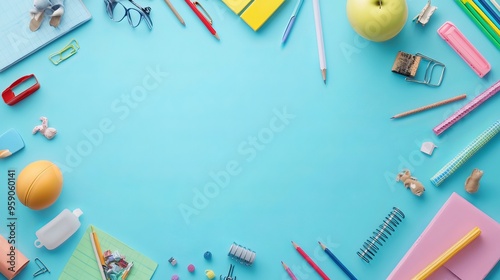 School is back! A vibrant light blue backdrop, adorned with an assortment of school supplies, awaits your creative flair. 