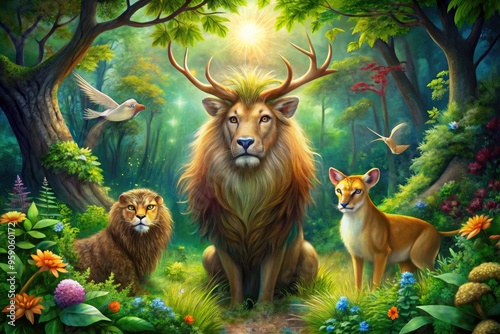 Vibrant, whimsical illustration of a fantastical forest, featuring majestic animals, including a regal lion, a wise owl, and a gentle deer, amidst lush foliage.