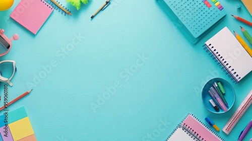School is back! A vibrant light blue backdrop, adorned with an assortment of school supplies, awaits your creative flair. 