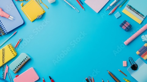School is back! A vibrant light blue backdrop, adorned with an assortment of school supplies, awaits your creative flair. 