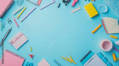 School is back! A vibrant light blue backdrop, adorned with an assortment of school supplies, awaits your creative flair. 