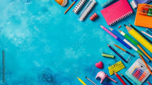 School is back! A vibrant light blue backdrop, adorned with an assortment of school supplies, awaits your creative flair. 