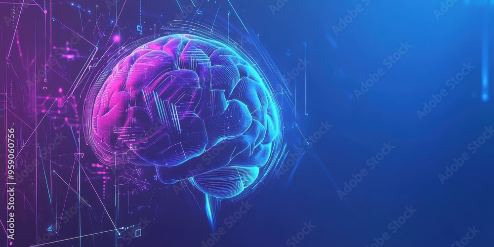 A blue background with futuristic elements, including an AI brain and digital lines The design is simple yet elegant, featuring neon colors to highlight the tech theme Generative AI A blue background with futuristic elements, including an AI brain and digital lines The design is simple yet elegant, featuring neon colors to highlight the tech theme Generative AI