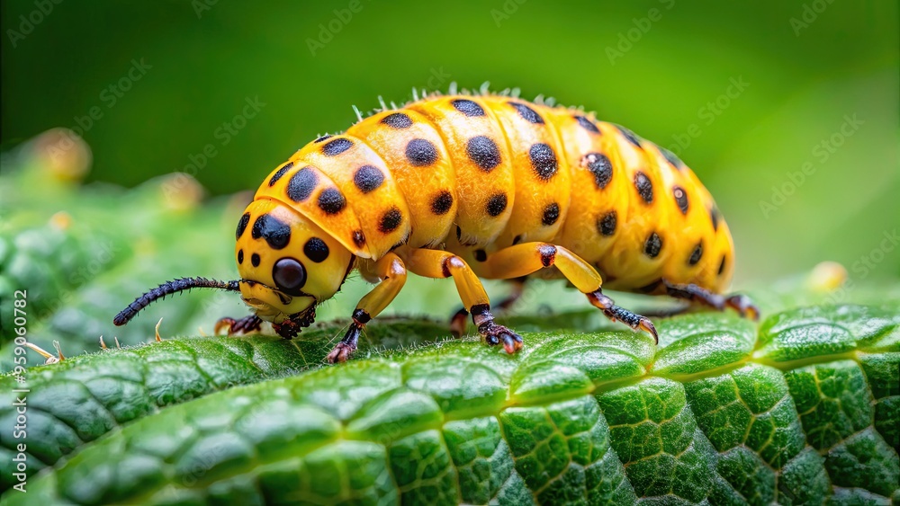 Vibrant yellow ladybird beetle larvae with black spots and delicate legs crawl on a lush green leaf, showcasing their unique texture and gentle movement. Vibrant yellow ladybird beetle larvae with black spots and delicate legs crawl on a lush green leaf, showcasing their unique texture and gentle movement.