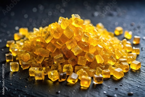 Vibrant yellow crystals of fructose, a naturally occurring monosaccharide fruit sugar, sparkle against a dark background, highlighting its delicate crystalline structure and sweet appeal. photo