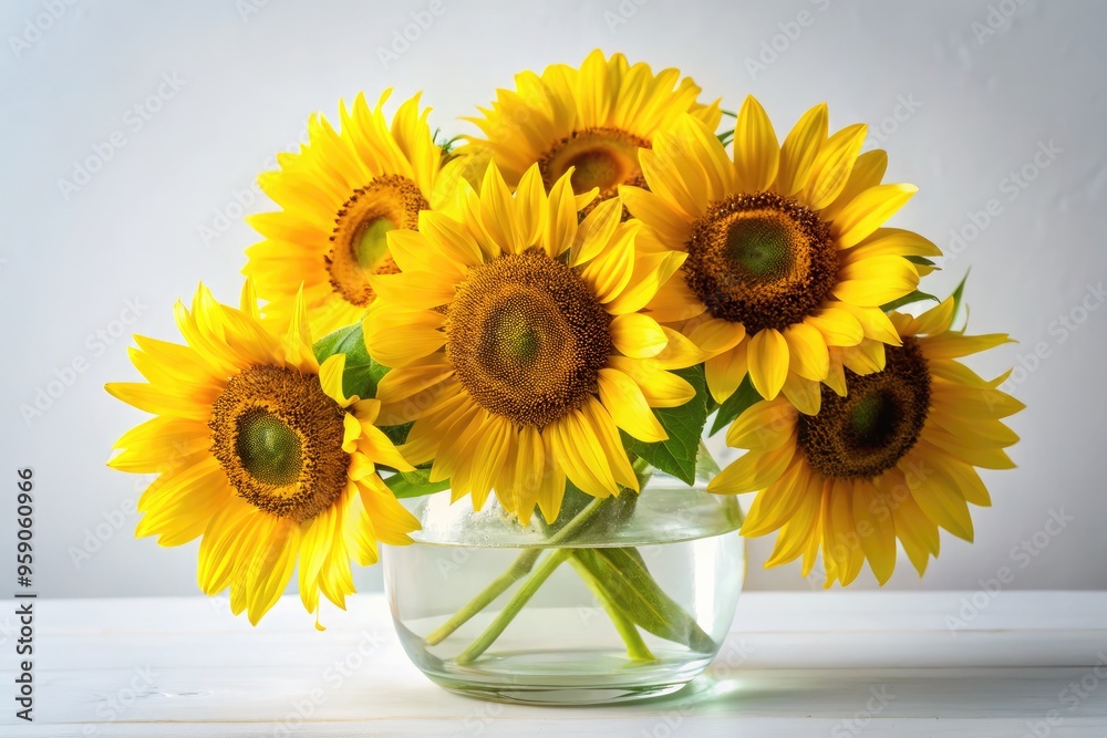 Vibrant yellow sunflowers bursting with life and energy stand tall in a clear glass vase against a soft, creamy white background, exuding warmth and serenity. Vibrant yellow sunflowers bursting with life and energy stand tall in a clear glass vase against a soft, creamy white background, exuding warmth and serenity.