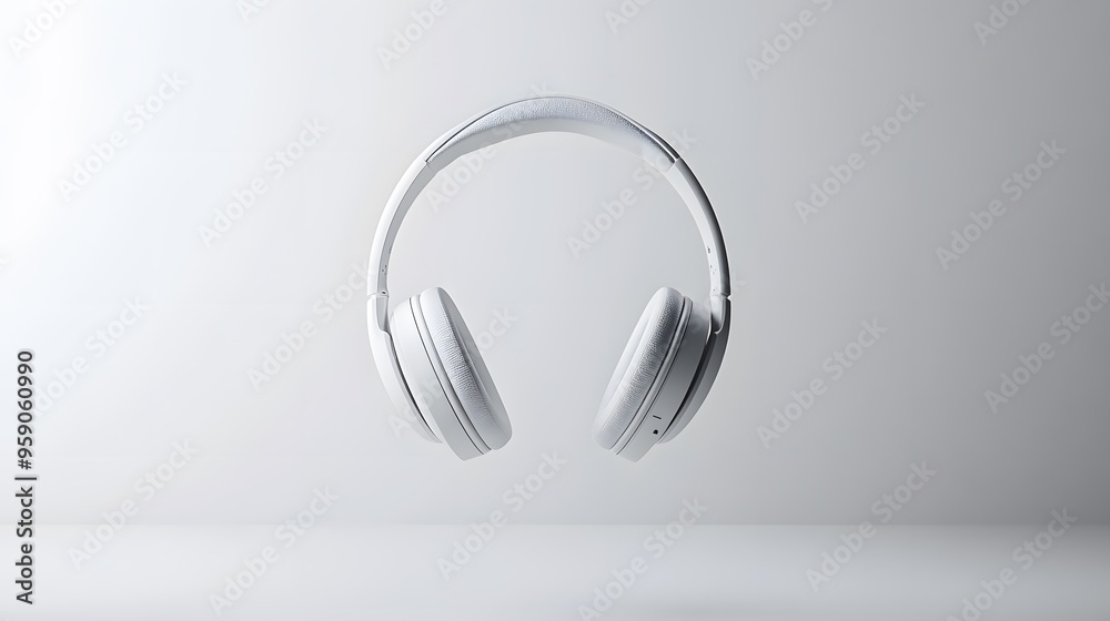 Modern Headphones: A pair of minimalist over-ear headphones with a clean design, floating against a white background, creating a sense of lightness.

