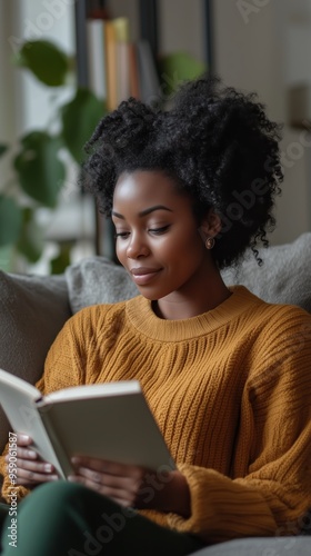 Young woman reads a book while relaxing on a cozy couch in a well-lit living room filled with plants during afternoon light