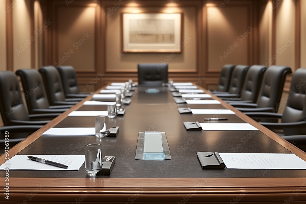 The boardroom table is set up for the meeting The boardroom table is set up for the meeting
