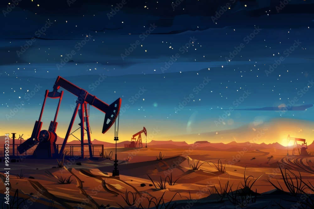 Fototapeta premium Nighttime view of the oil industry in a sandy desert landscape beneath a dark sky