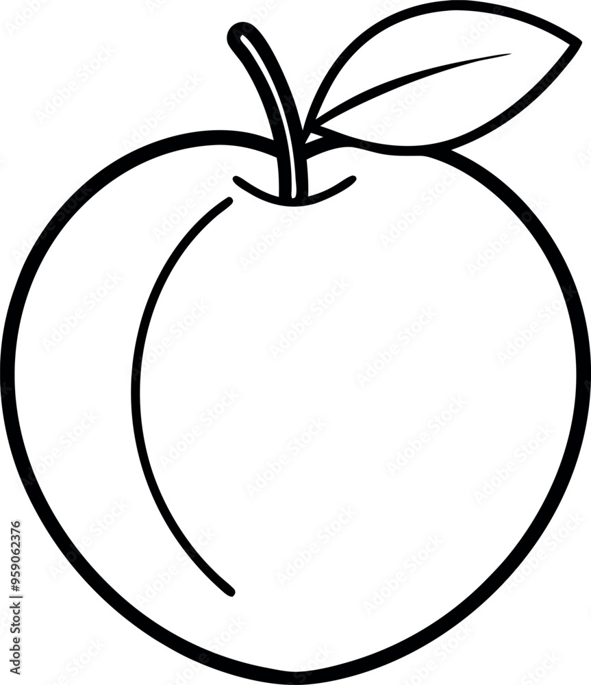 Simple Black and White Outline Drawing of a Single Peach with Leaf on White Background Simple Black and White Outline Drawing of a Single Peach with Leaf on White Background