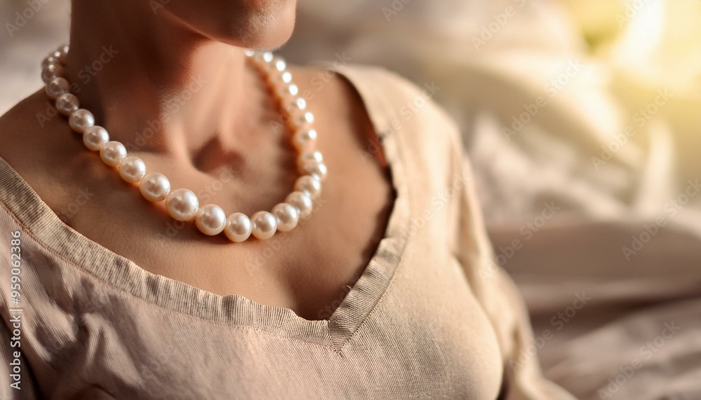 A pearl necklace around a neck of a woman A pearl necklace around a neck of a woman