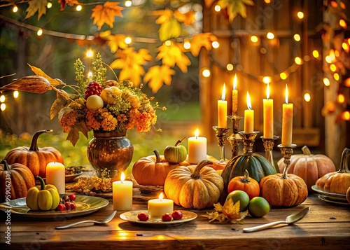 Warm golden light illuminates a beautifully set autumnal table with a bountiful harvest feast, candles, and pumpkins, evoking feelings of gratitude and togetherness. photo