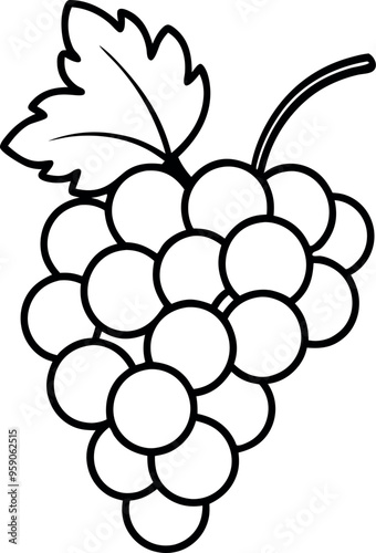 Black and White Line Drawing of a Grape Bunch with a Leaf on a White Background