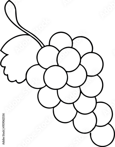 Minimalistic Black and White Line Drawing of Grapes with Leaf on White Background