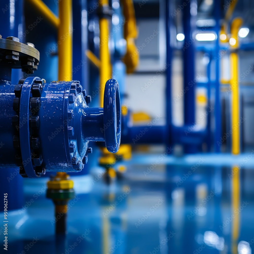 Closeup of a blue valve on a pipe in a industrial setting. The valve is connected to a network of pipes and the floor is wet. Closeup of a blue valve on a pipe in a industrial setting. The valve is connected to a network of pipes and the floor is wet.