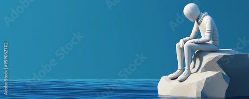 A solitary figure sitting on a rock, contemplating by the tranquil water, evoking feelings of introspection and solitude.