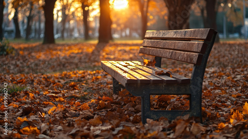 Cozy Autumn Bench in Golden Sunset Light: Serene Park Landscape with Fallen Leaves, Warm Tones, and Soft Illumination for Seasonal Greeting Cards and Backgrounds