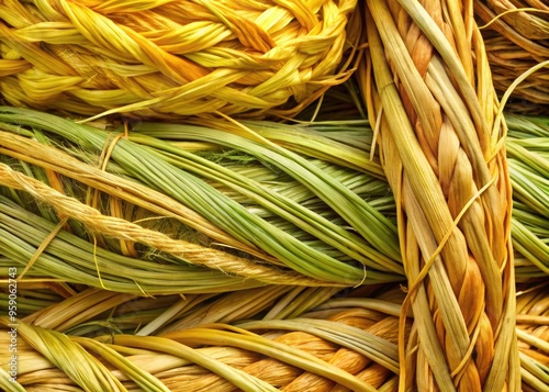 Warmly lit, intricately woven hay strands with varying shades of golden yellow and soft green, creating a tactile and organic natural fabric-like background texture. photo