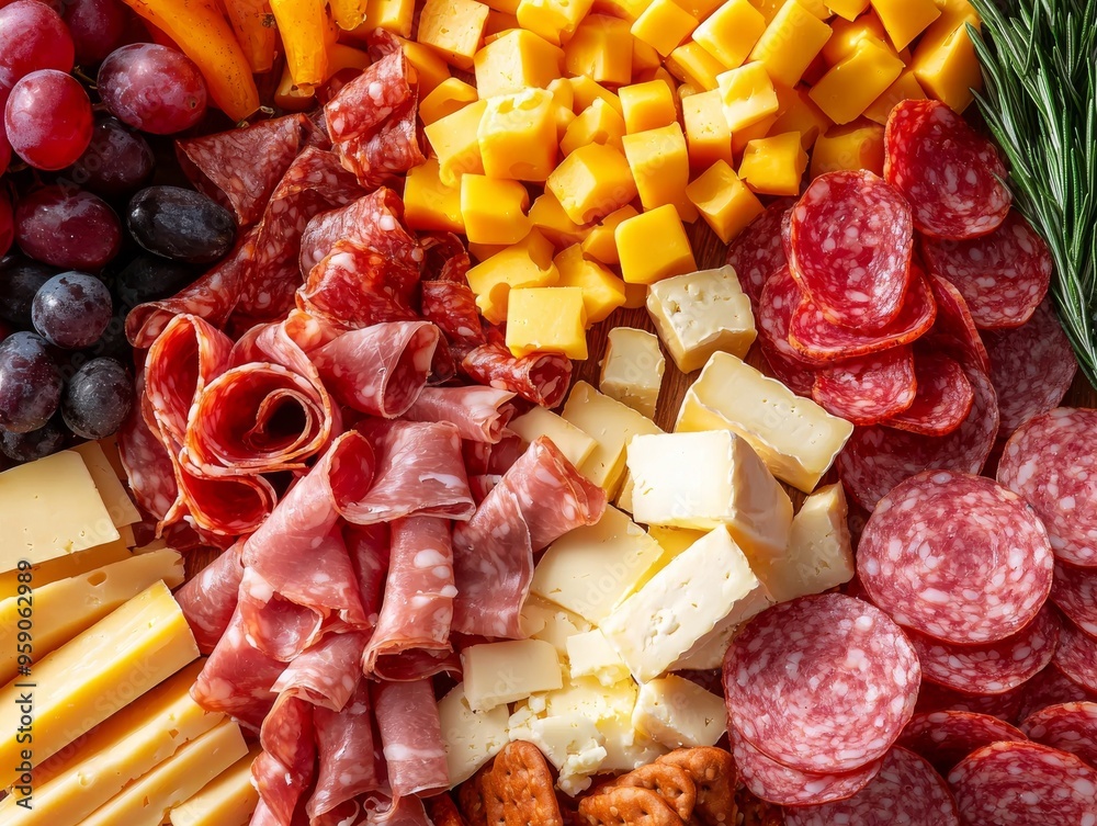Close-up of a charcuterie board with various cheeses, cured meats, and grapes. Close-up of a charcuterie board with various cheeses, cured meats, and grapes.