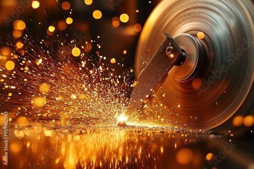 Metalworking, sparks flying from grinding wheel, industrial machinery, steel disc blade cutting metal, warm tones of orange and yellow sparks, dark background with blurred bokeh lights photo