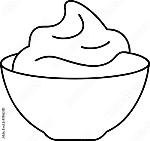 Simple Line Drawing of a Bowl of Yogurt on a White Background in Minimalist Style