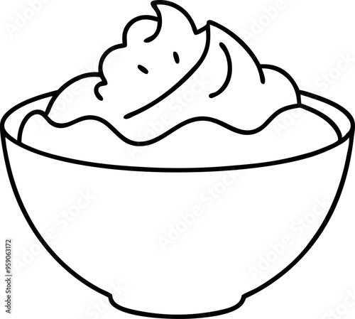 Minimalistic Line Art of Bowl Filled with Cream or Yogurt - Simple Black and White Illustration