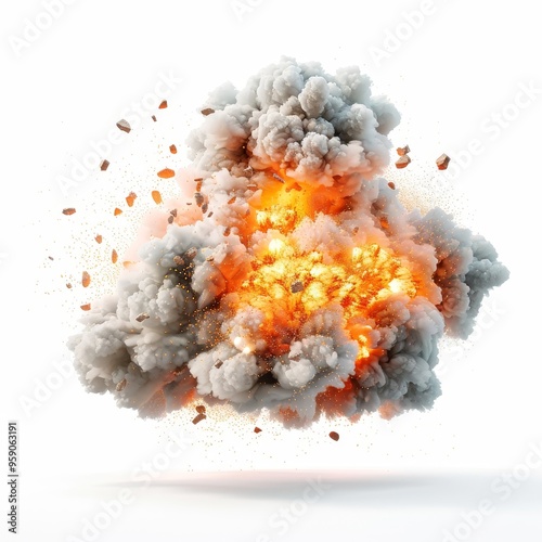 Massive explosion, energy burst element, realistic 3D render, powerful fireball and debris, isolated on white background