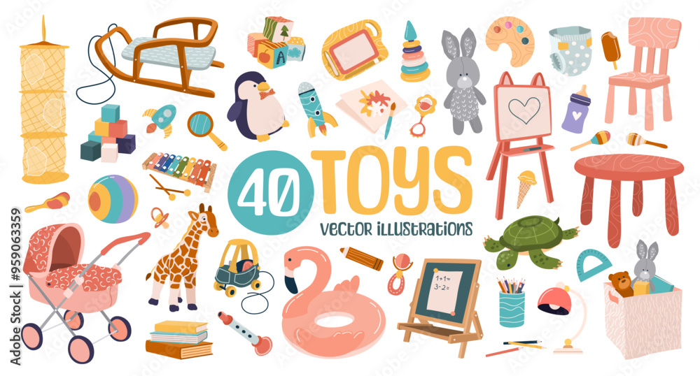 Set of 40 cute plush and plastic toys for kids. Chalkboard, car, pram, tablet, books, ball, musical instruments, cubes for preschool boys and girls. Isolated flat vector illustrations on white.